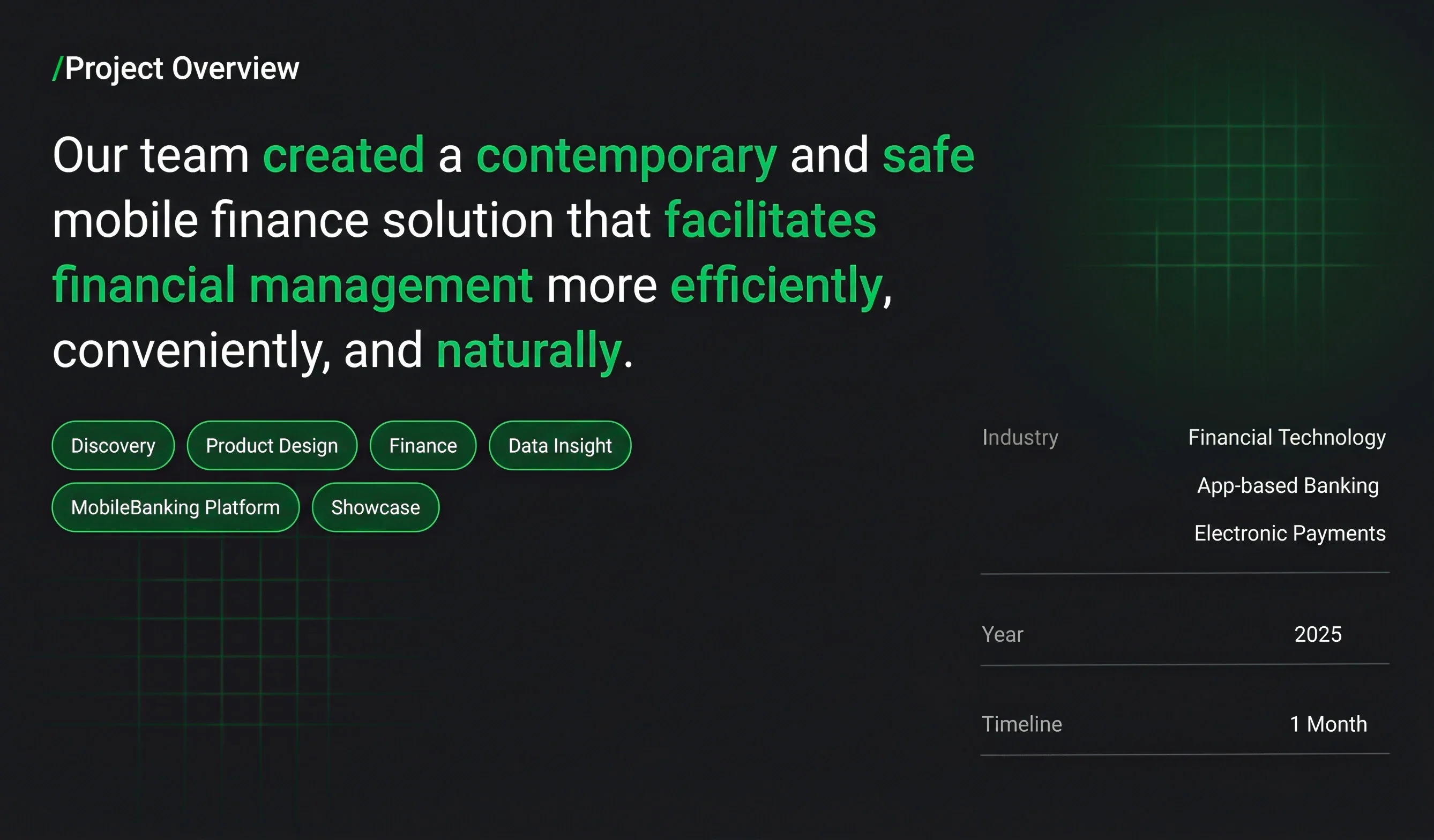 Nexu case study project overview slide — industry, year, and timeline summary for the mobile banking app UI/UX design