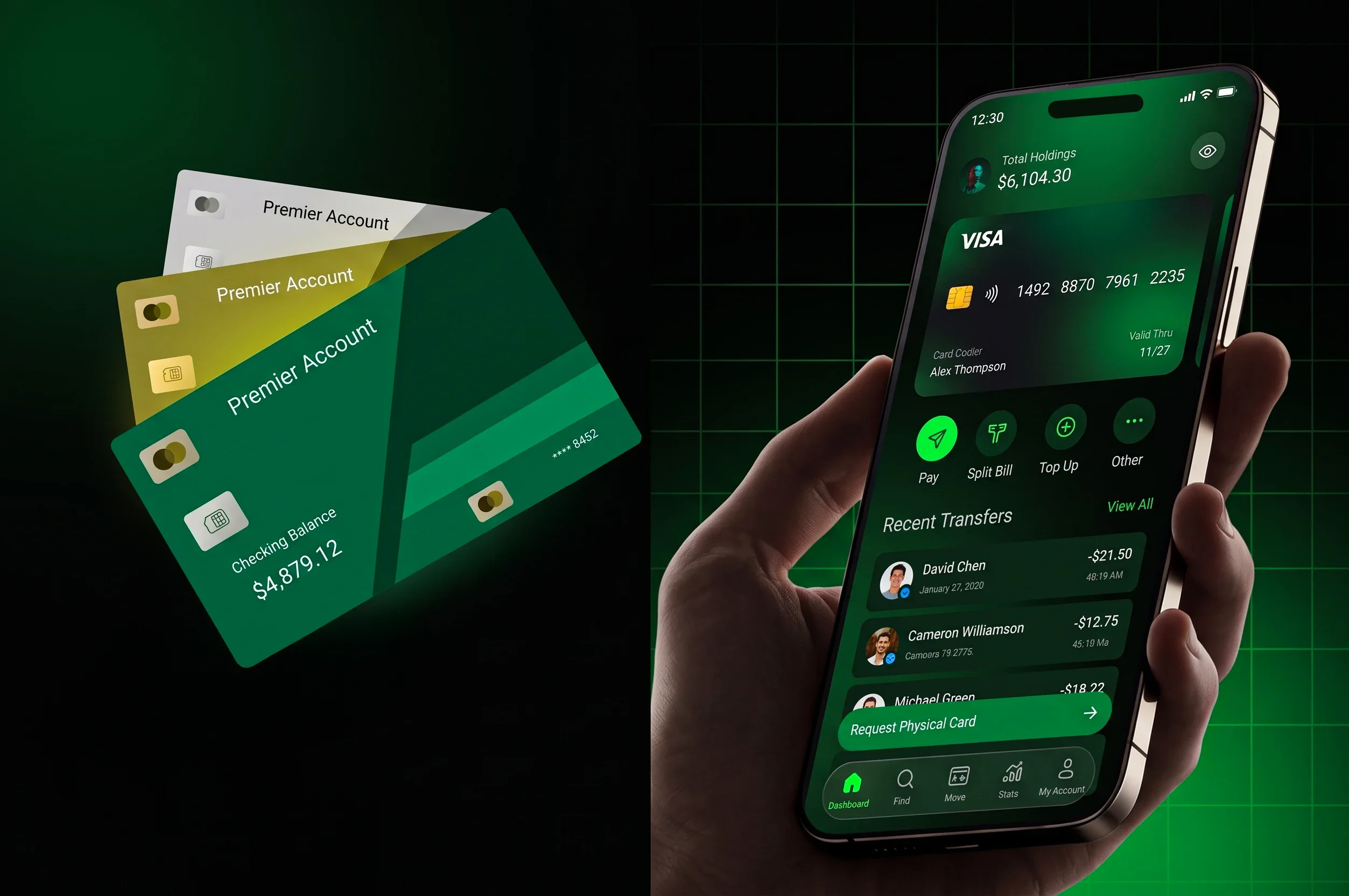 Nexu banking app dashboard screen shown in hand, displaying Pay, Split Bill, and Top Up actions with a recent transfers list, next to stacked Premier Account bank cards