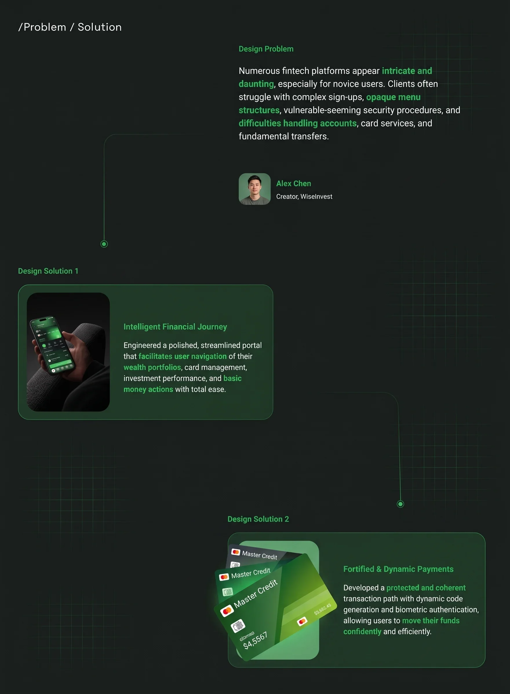 Nexu case study problem and solution slide — fintech onboarding and security challenges paired with the intelligent financial journey and secure payments design solutions
