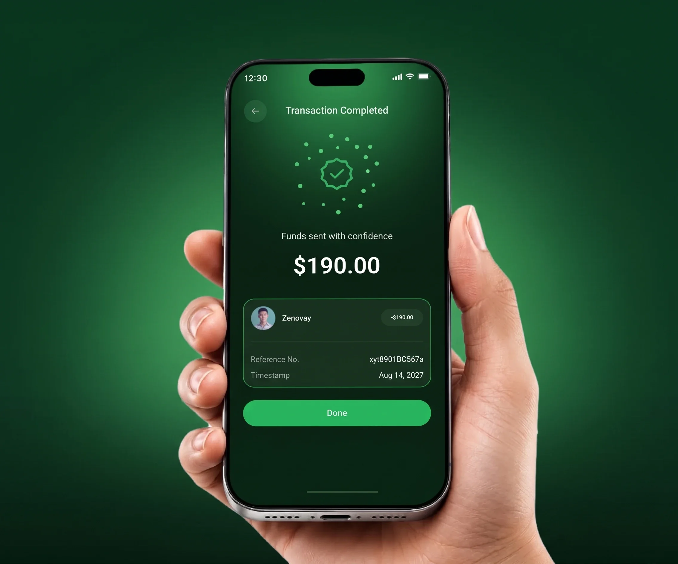 Nexu transaction confirmation screen held in hand, showing a completed money transfer with amount, recipient, and reference number