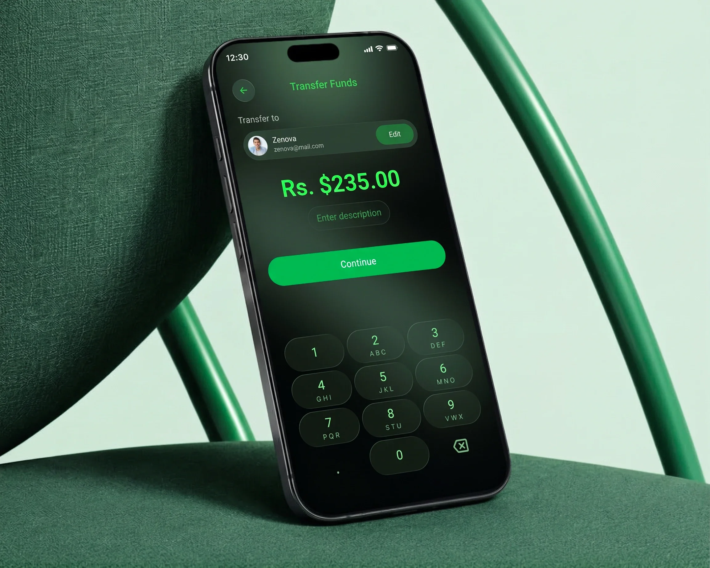 Nexu send money screen showing the transfer amount entry keypad with recipient details for a peer-to-peer transfer