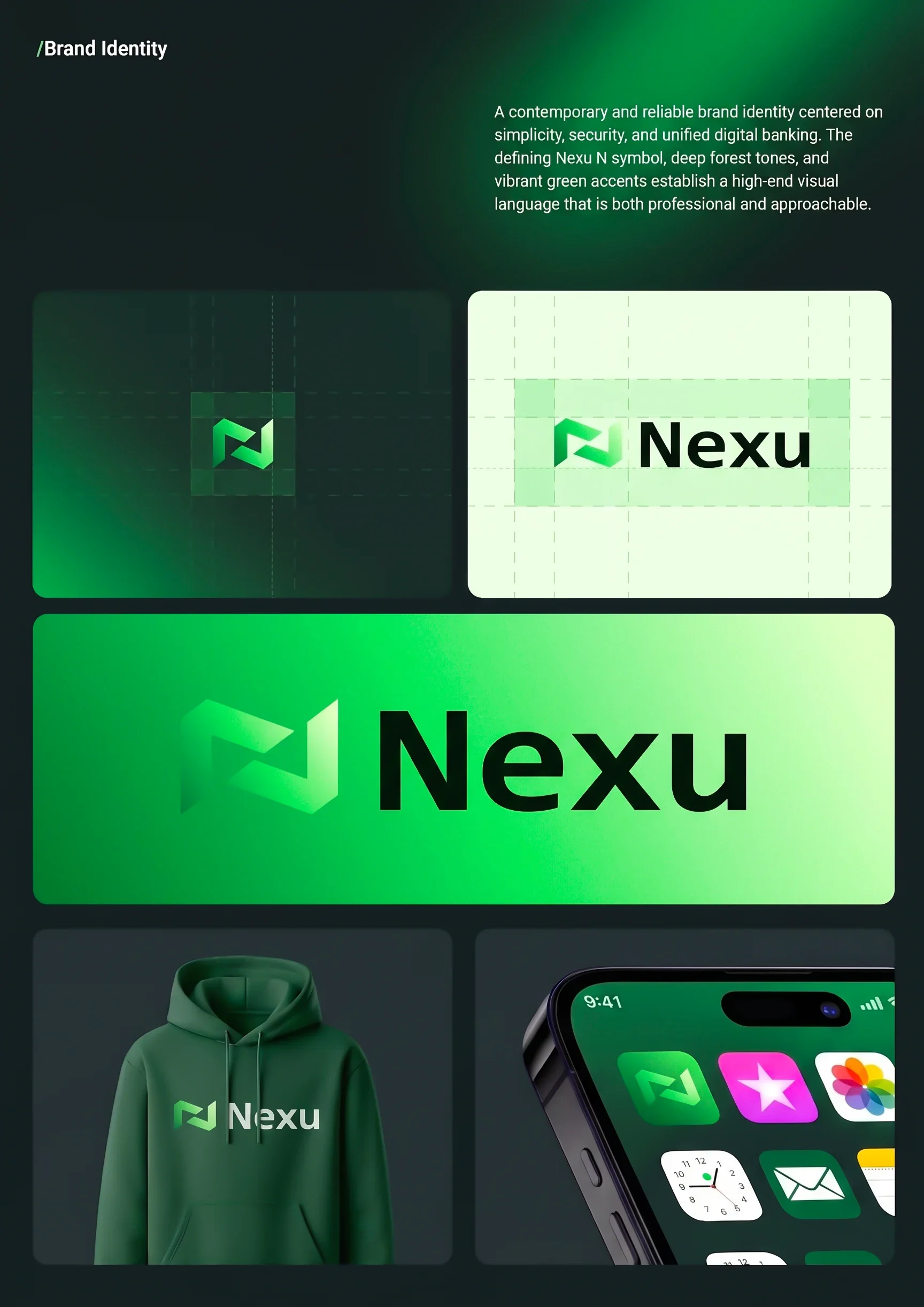 Nexu brand identity slide showing the Nexu logo construction, wordmark, green gradient lockup, and branded app icon and apparel mockups