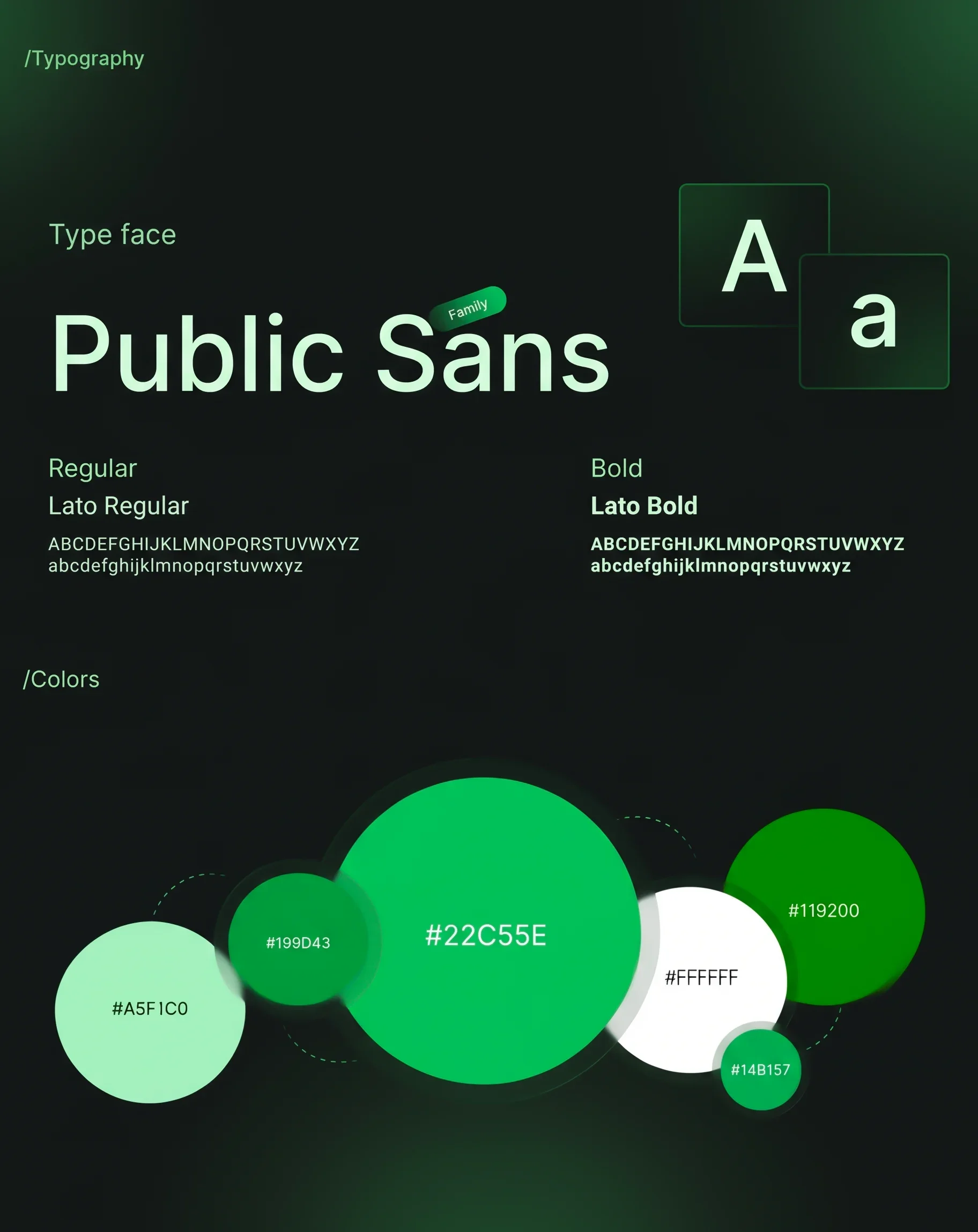 Nexu design system typography and color palette — Public Sans and Lato typefaces with the primary green color palette including #22C55E