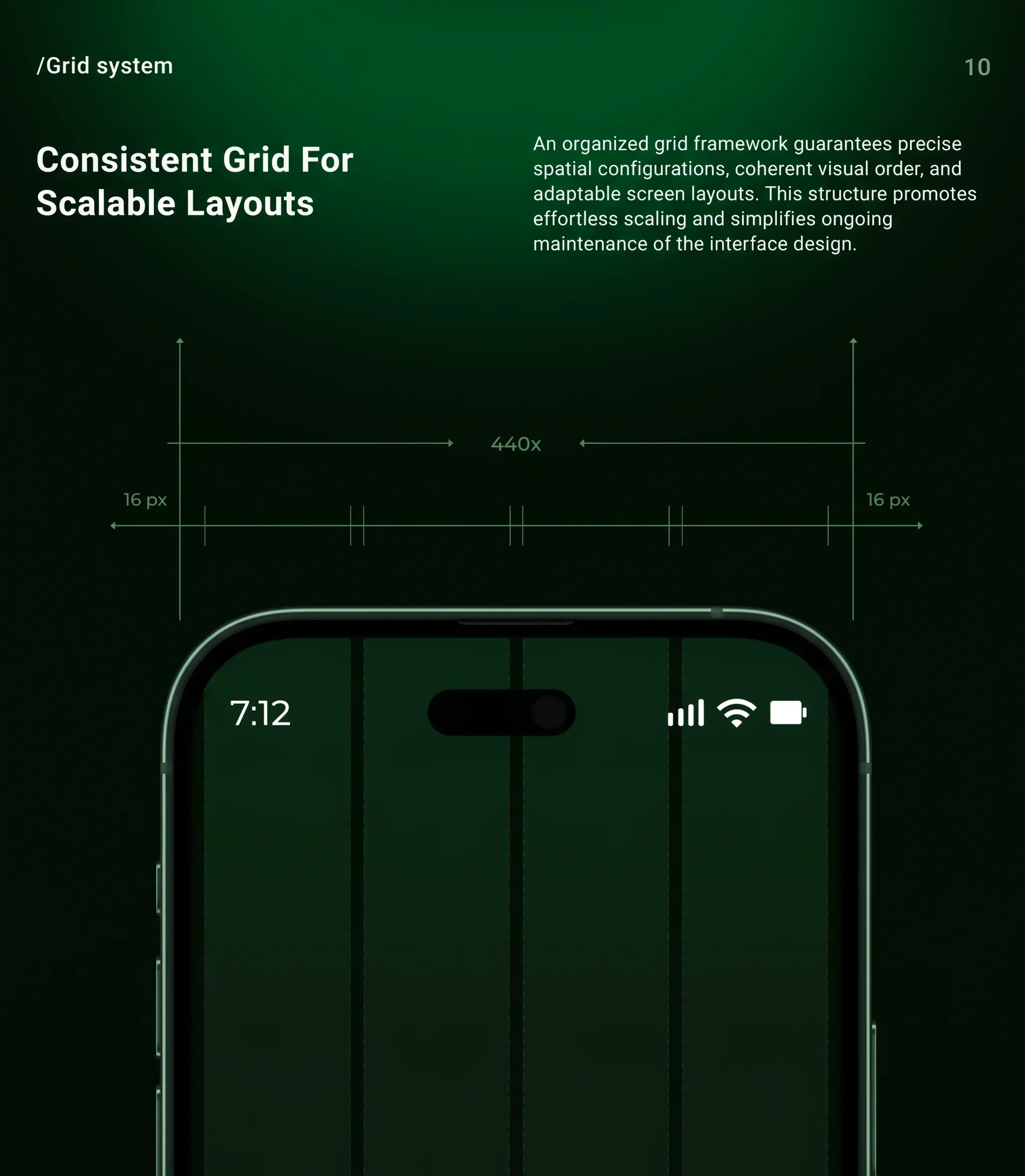 Nexu four-column grid system diagram with 16px margins overlaid on a mobile screen frame