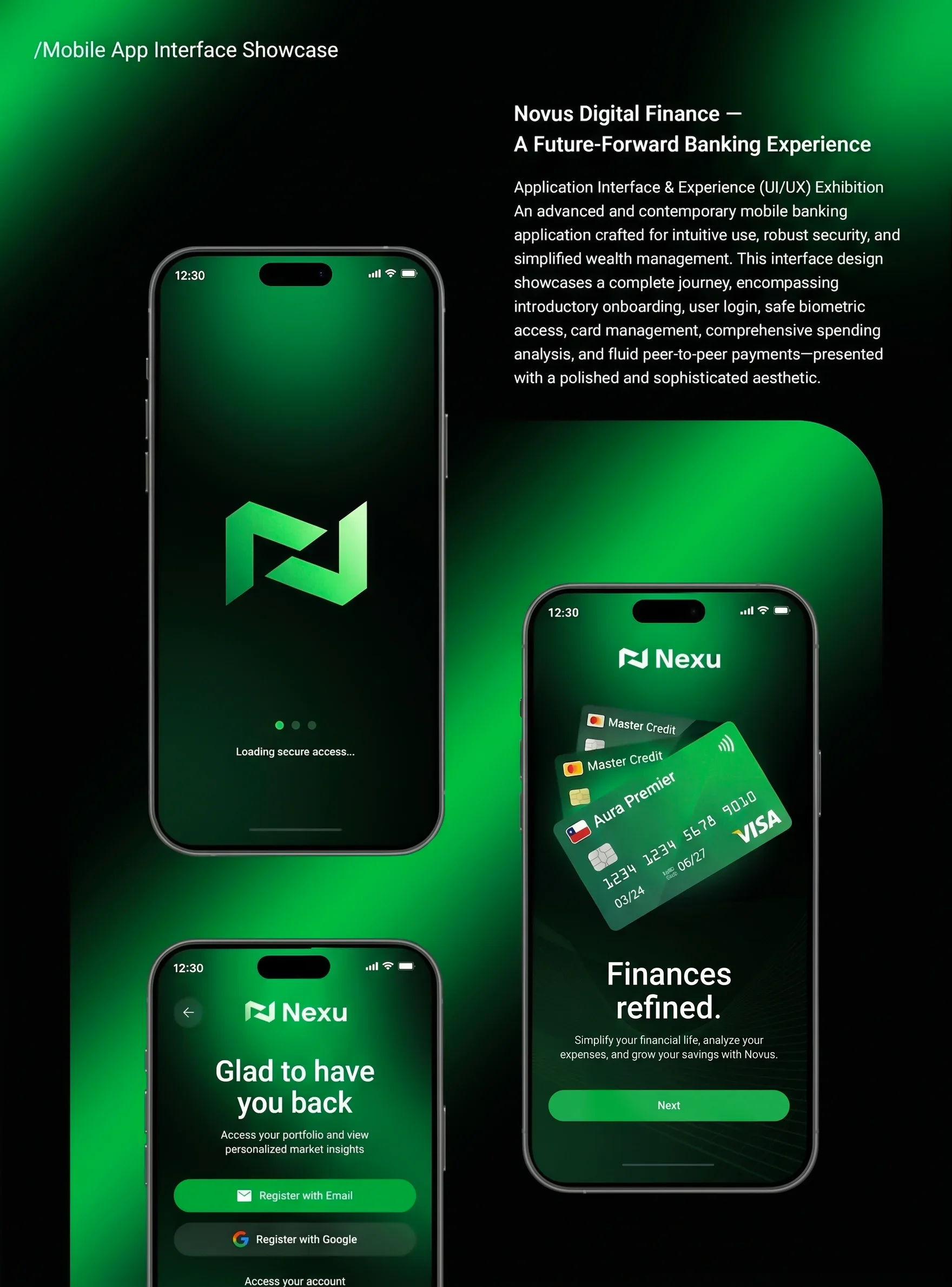 Nexu mobile app interface showcase — splash screen with the Nexu logo, login screen, and onboarding card management introduction screen