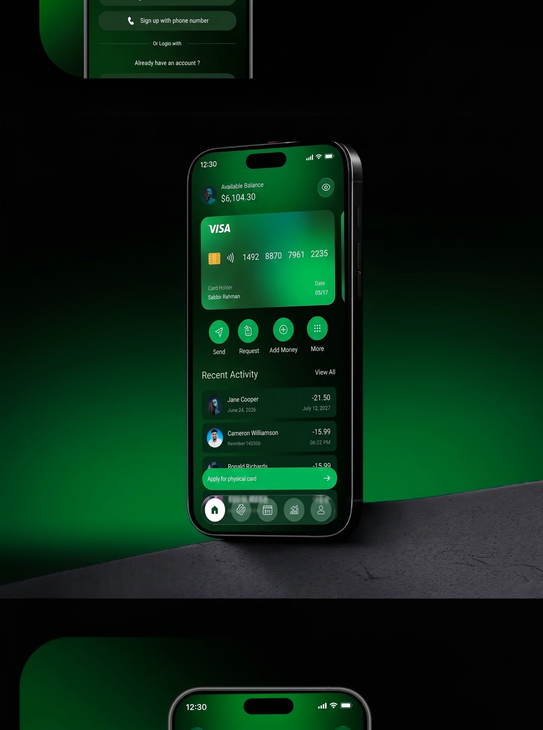 Nexu home dashboard screen showing available balance, Visa card details, Send, Request, and Add Money actions, and recent transfer activity