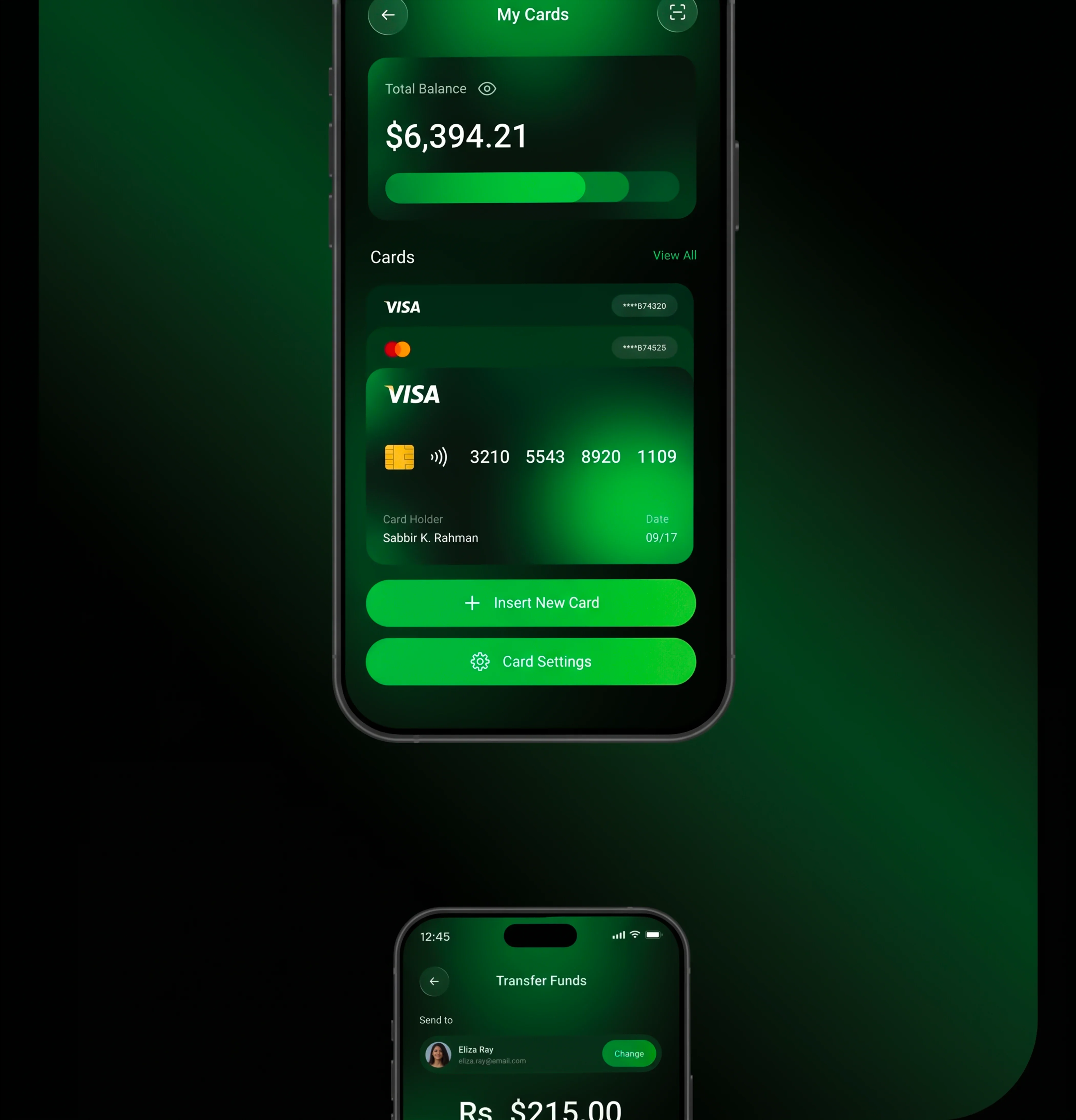Nexu My Cards screen listing linked Visa and Mastercard cards with total balance, next to the start of the Transfer Funds screen