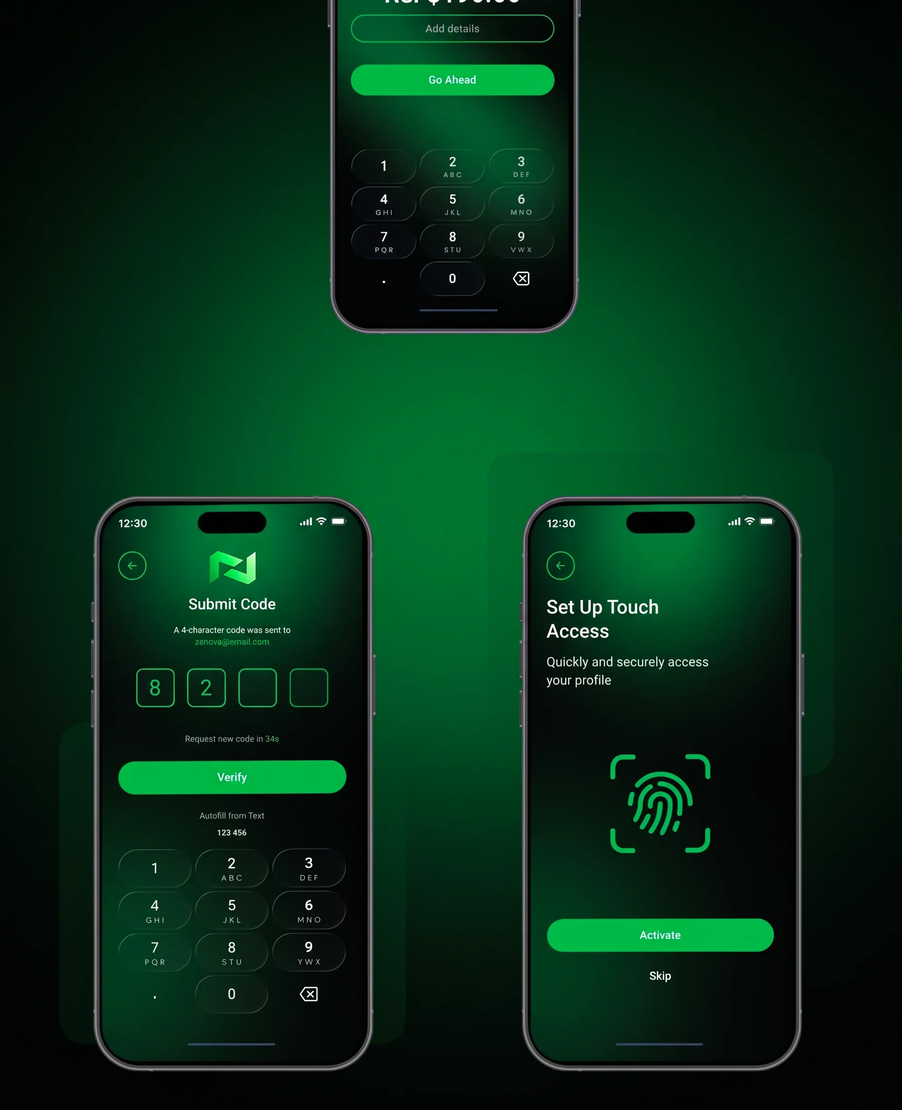 Nexu OTP verification screen for submitting a one-time code, alongside the Touch ID biometric access setup screen