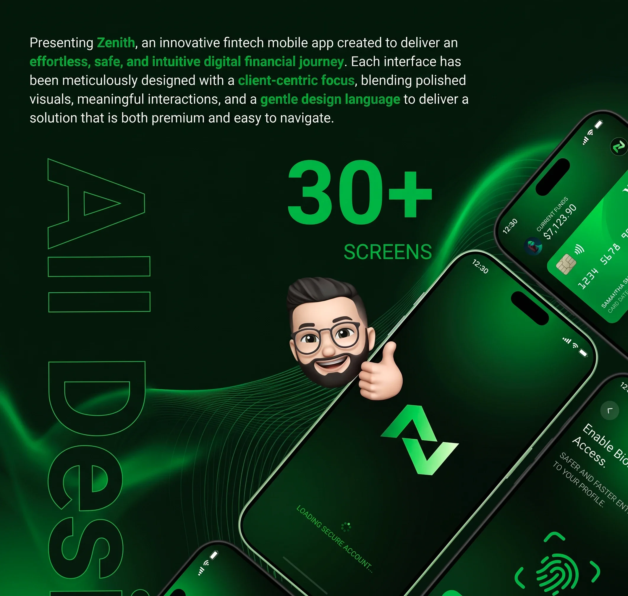 Nexu case study introduction slide highlighting the 30-plus screen mobile banking app design with biometric login and card management screens