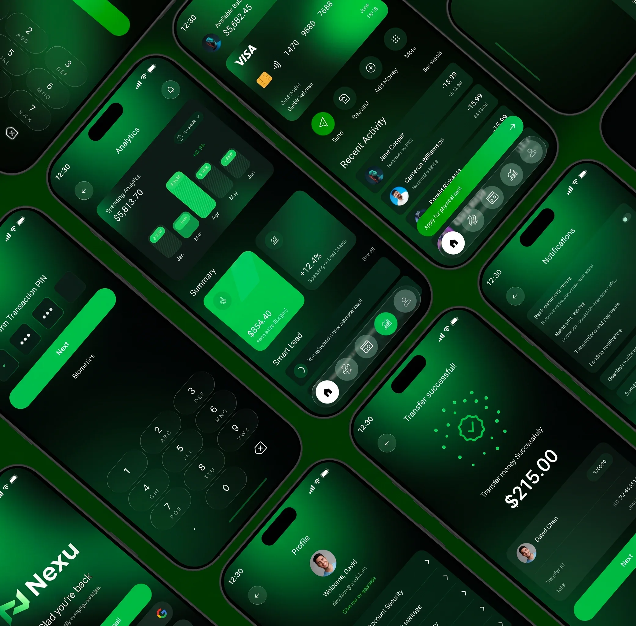 Nexu screen collage showing spending analytics, transaction PIN and biometric setup, recent activity, notifications, transfer success confirmation, and profile settings screens